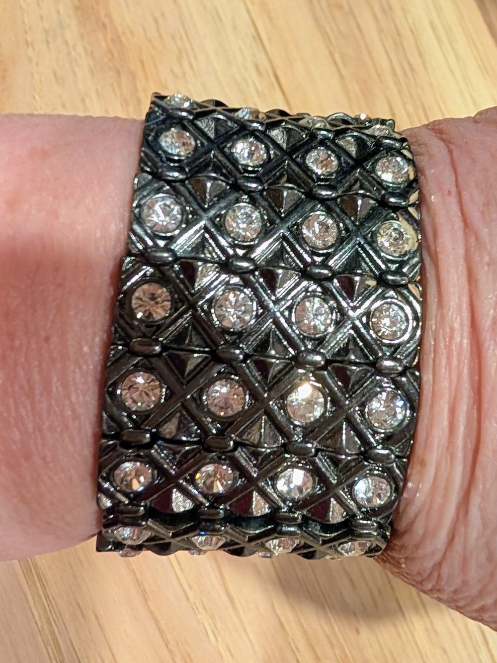 Source Unknown Gunmetal Stretch Bracelet with Clear Crystals